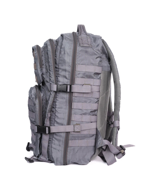 Morral Guardián Táctico 34 Litros Resistente y Versátil Sistema Molle Gris Lateral